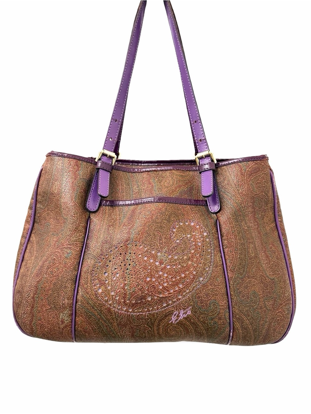 Rare Etro Vintage Paisley Jacquard Tote Bag with Leather Purple Straps